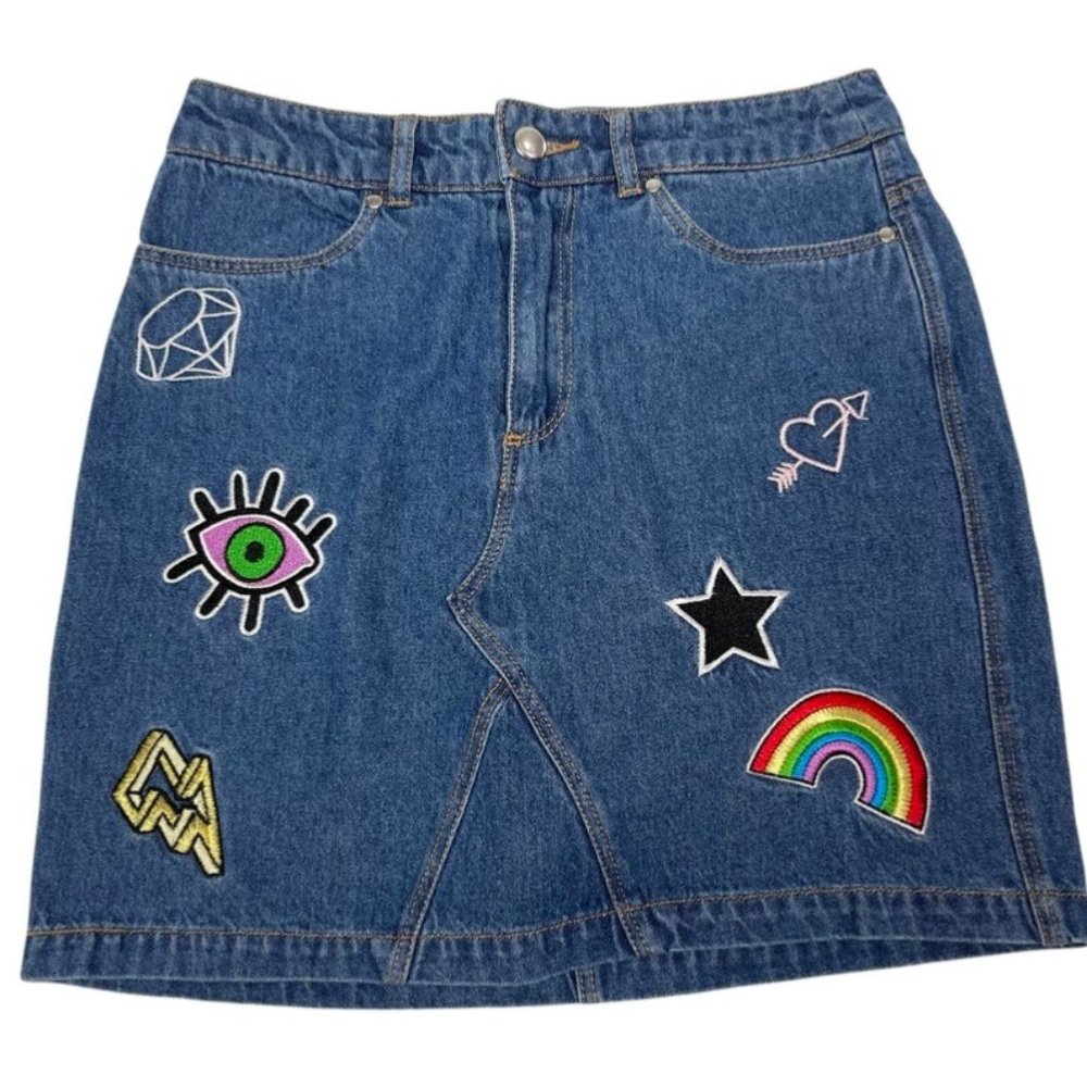 H&M Divided Rainbow Patch Embroidered Denim Skirt Size 4 NWT
